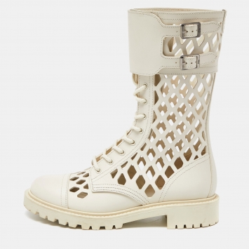 Pre Owned Dior White Cut Out Leather Buckle Details Mid Calf Boots Size 39.5