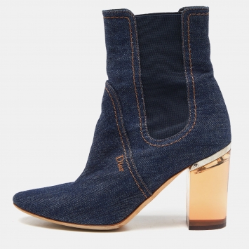 Pre Owned Dior Blue Denim Cube Block Heel Ankle Booties Size 37.5