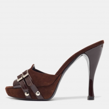 Pre Owned Dior Brown Suede and Patent Leather Peep Toe Sandals Size 37.5