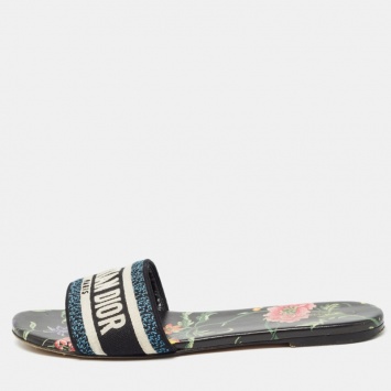 Pre Owned Dior Blue/White Embroidered Canvas Dway Flat Slides Size 41