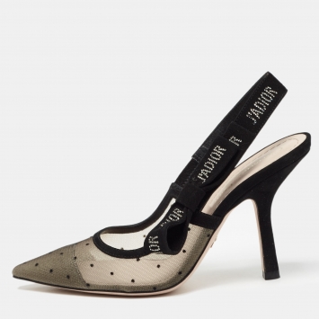 Pre Owned Dior Black/Beige Polka Dot Mesh and Suede J'adior Slingback Pumps Size 36.5