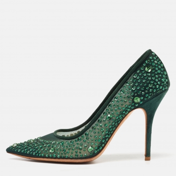 Pre Owned Dior Green Mesh and Suede Crystal Embellished Pointed Toe Pumps Size 40