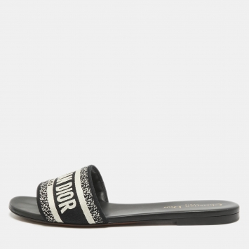 Pre Owned Dior Black/White Embroidered Canvas Dway Flat Slides Size 40.5
