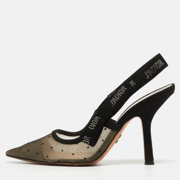 Pre Owned Dior Black Polka Dot Mesh and Suede J'adior Slingback Pumps Size 36.5