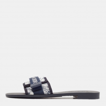 Pre Owned Dior Navy Blue/White Printed Fabric Dio(r)evolution Slides Size 39