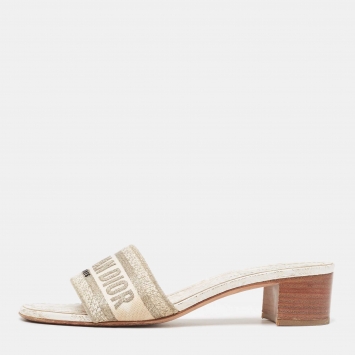 Pre Owned Dior Cleam/Silver Canvas Dway  Slide Sandals Size 38.5