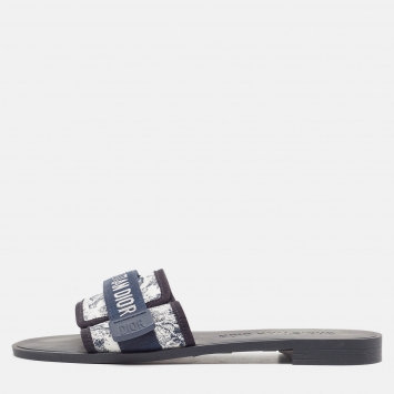Pre Owned Dior White/Navy Blue Canvas  Dio(r)evolution Flat Slides  Size 40