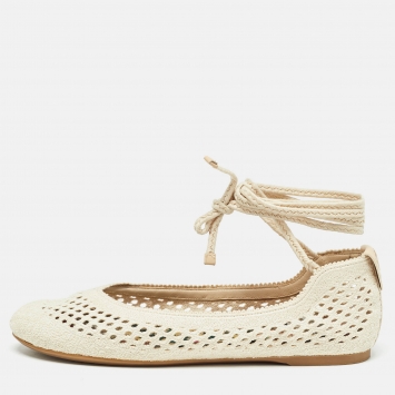 Pre Owned Dior Cream Technical Fabric Poeme Ankle Wrap Ballet Flats Size 37