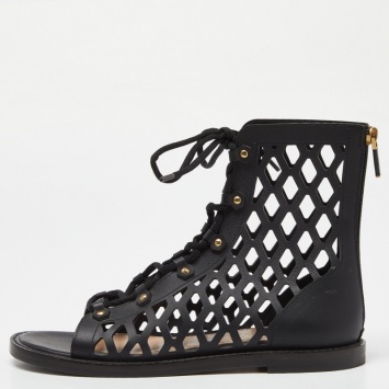Pre Owned Dior Black Cutout Leather D-Trap Gladiator Sandals Size 38.5