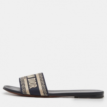 Pre Owned Christian Dior Beige/Blue Canvas Flat Slides Size 40