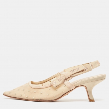 Pre Owned Dior Beige Mesh and Suede Studded J'adior Slingback Pumps Size 39