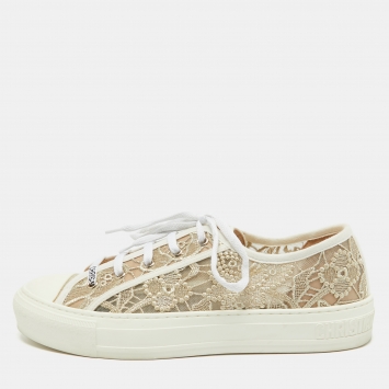 Pre Owned Dior Gold/White Lace Walk'n'Dior Lace Up Sneakers Size 40
