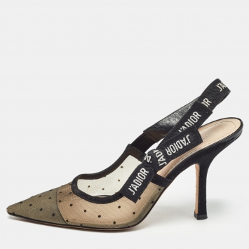 Pre Owned Dior Black Polka Dot Mesh and Suede J'adior Slingback Pumps Size 38