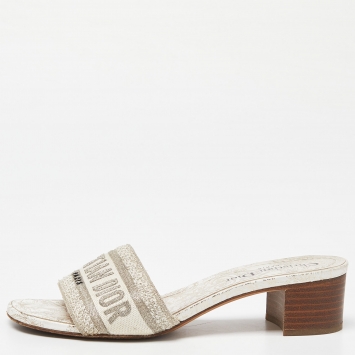 Pre Owned Dior Gold/White Embroidered Canvas Dway Slide Sandals Size 36