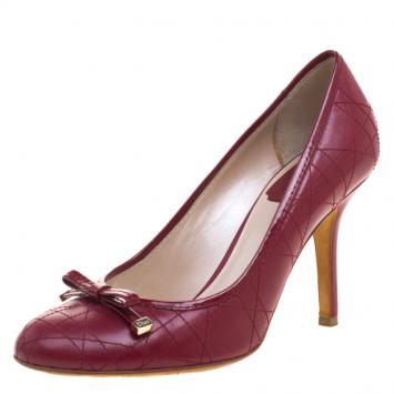 Pre Owned Dior Red Cannage Stitched Leather Bow Pumps Size 37.5