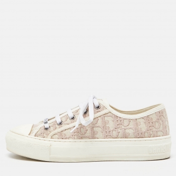 Pre Owned Dior White/Pink Rubber and Canvas Walk'n'Dior Low Top Sneakers Size 36.5
