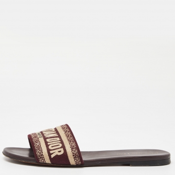 Pre Owned Dior Burgundy/Beige Canvas Dway Flat Slides Size 38.5