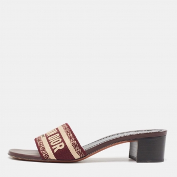 Pre Owned Dior Burgundy/Cream Embroidered Canvas Dway Slide Sandals Size 38