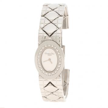 Pre Owned Dior Silver Stainless Steel Diamond Studded Lady Dior Women's Wristwatch 21 mm
