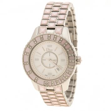 Pre Owned Dior Pink Mother of Pearl Diamond Studded Stainless Steel Christal Women's Wristwatch 33 mm