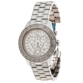 Pre Owned Dior White Stainless Steel Christal CD114311 Women's Wristwatch 38 mm