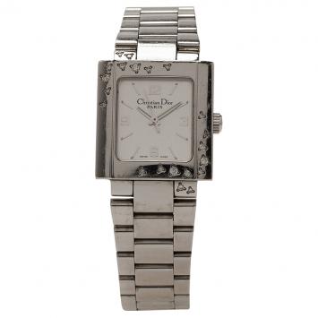 Pre Owned Dior White Stainless Steel Christal Women's Wristwatch 24MM