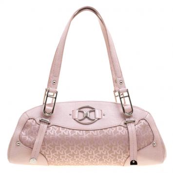 Pre Owned DKNY Metallic Pink Lizard Embossed Leather and Canvas Satchel