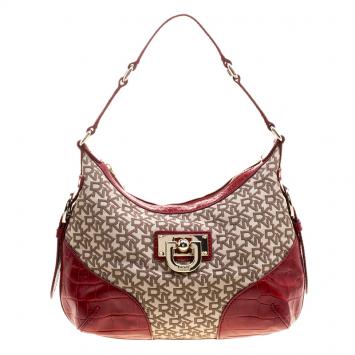 Pre Owned DKNY Beige and Red Signature Canvas and Crocodile Embossed Leather Hobo