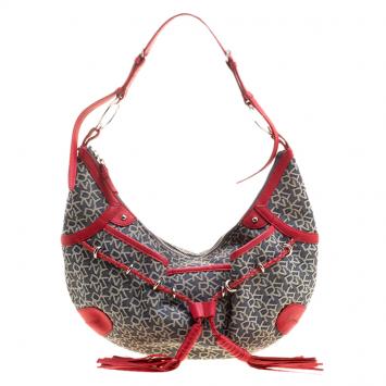 Pre Owned Dkny Red/Grey Monogram Canvas Tassel Hobo