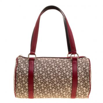 Pre Owned DKNY Beige/Red Canvas and Leather Satchel