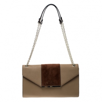 Pre Owned DKNY Dark Beige/Brown Leather Flap Shoulder Bag