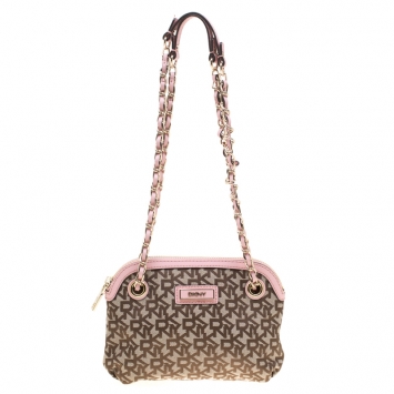 Pre Owned DKNY Beige/Pink Signature Canvas Crossbody Bag 