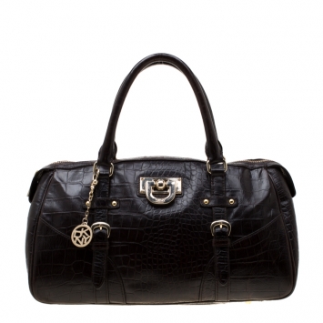 مملوكة مسبقًا DKNY Dark Brown Crocodile Embossed Leather Bowler Bag