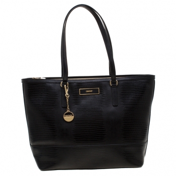 Pre Owned DKNY Black Leather Lizard Embossed Tote