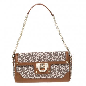 مملوكة مسبقًا Dkny Brown/Beige Monogram Canvas Flap Chain Shoulder Bag