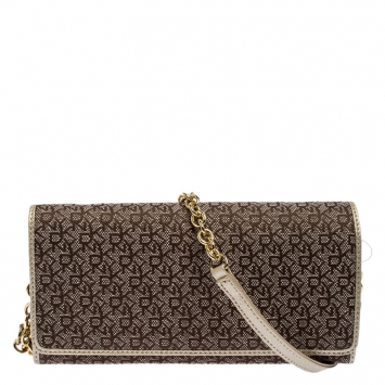 Pre Owned DKNY Brown/Gold Signature Canvas and Leather Flap Chain Clutch