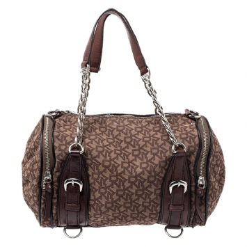 Pre Owned DKNY Brown Signature Canvas and Leather Double Side Pocket Satchel 