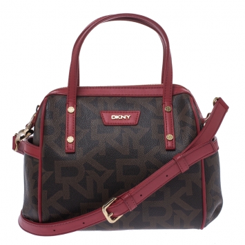 Pre Owned Dkny Brown/Red Monogram Coated Canvas and Leather Boston Bag