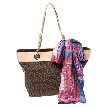 Pre Owned Dkny Beige Signature Canvas and Leather Tote 