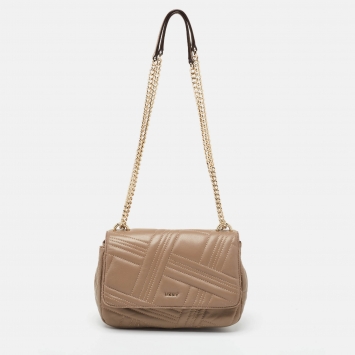Pre Owned DKNY Beige Quilted Leather Allen Flap Shoulder Bag