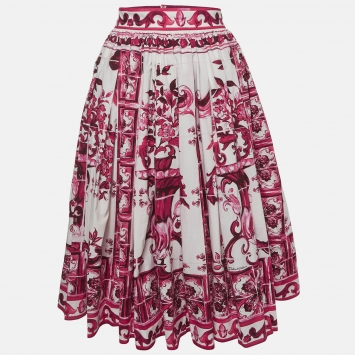 Pre Owned Dolce & Gabbana White /Pink Majolica Print Cotton Pleated Midi Skirt S