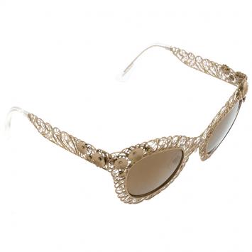 Pre Owned Dolce and Gabbana Gold DG2134 Filigree Cat Eye Sunglasses