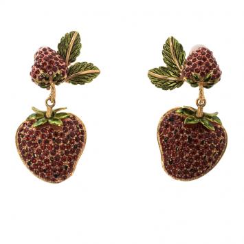 Pre Owned Dolce and Gabbana Big Strawberry Crystal Gold Tone Clip-on Drop Earrings 