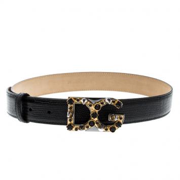 Pre Owned Dolce and Gabbana Black Iguana Leather DG Studded Logo Belt 70 CM 