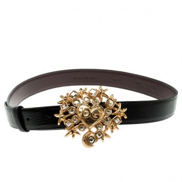 Pre Owned Dolce and Gabbana Black Lizard Crystal Embellished DG Heart Buckle Belt 75cm
