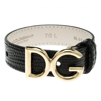 Pre Owned Dolce and Gabbana Black Iguana Leather Gold Tone Logo Bracelet L