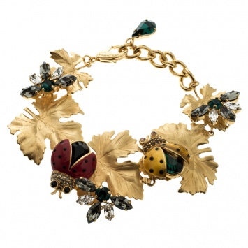 مملوكة مسبقًا Dolce and Gabbana Ladybug Leaf Enamel Crystal Embellished Gold Tone Bracelet 