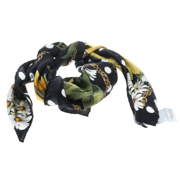 Pre Owned Dolce and Gabbana Black Silk Floral Printed Dotted Square Scarf