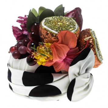 Pre Owned Dolce and Gabbana Polka Dotted Stretch Silk Embellished 3D Fruit Detail Turban L
