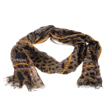 Pre Owned Dolce and Gabbana Leopard and Tassel Printed Modal and Cashmere Stole